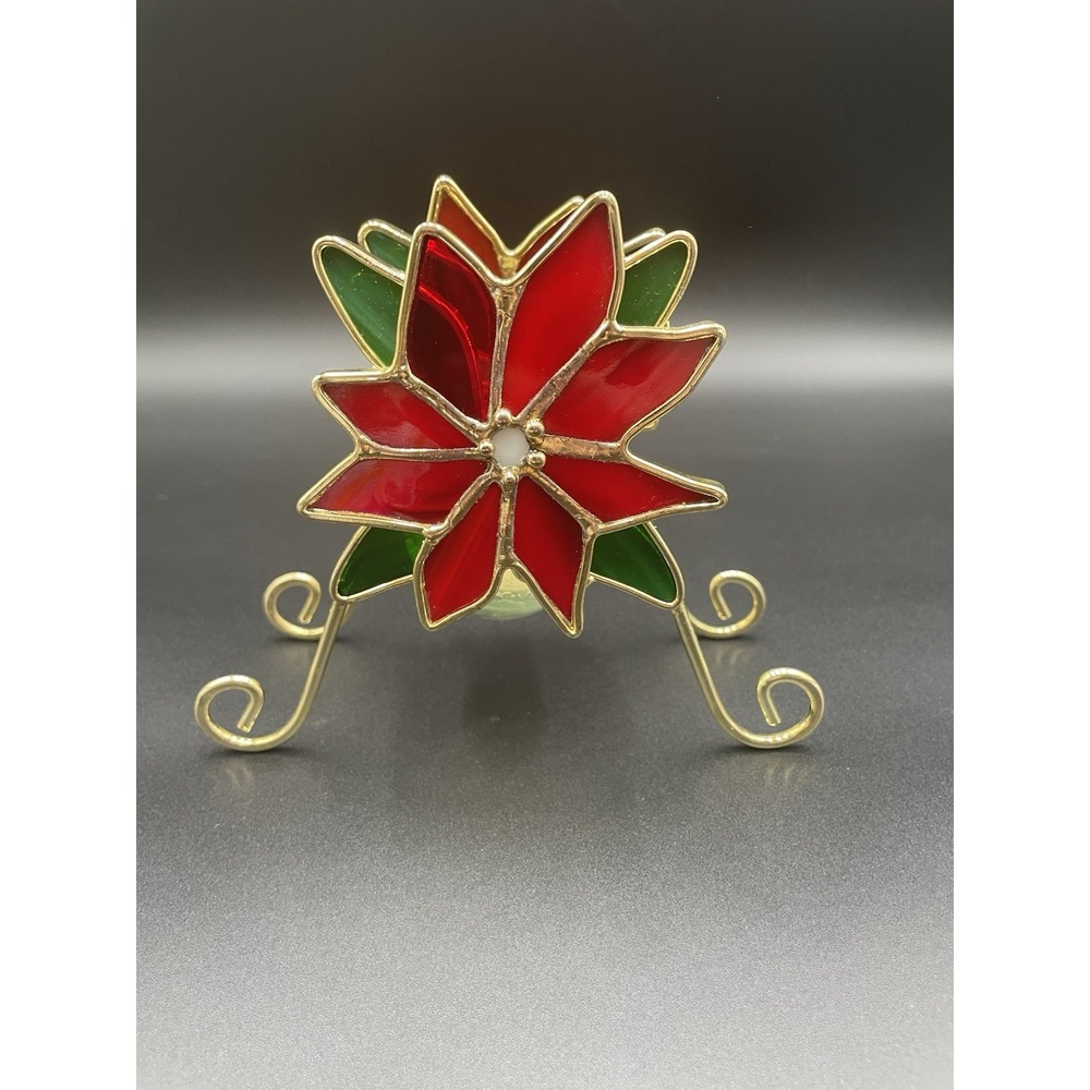 Poinsettia Stained Glass Candle Holder‎ Red Green Christmas Flower Window Lite